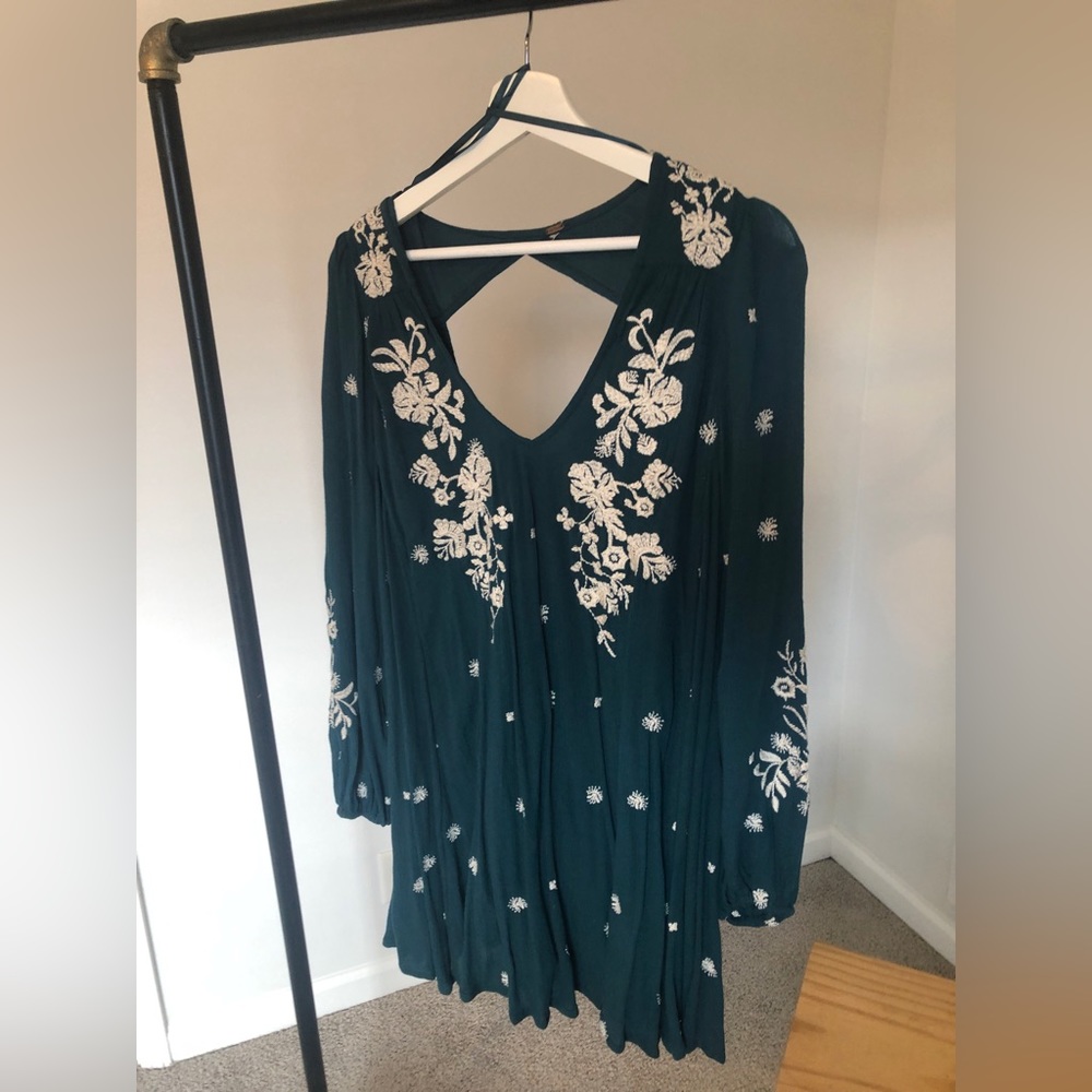 Free People teal embroidered swing dress